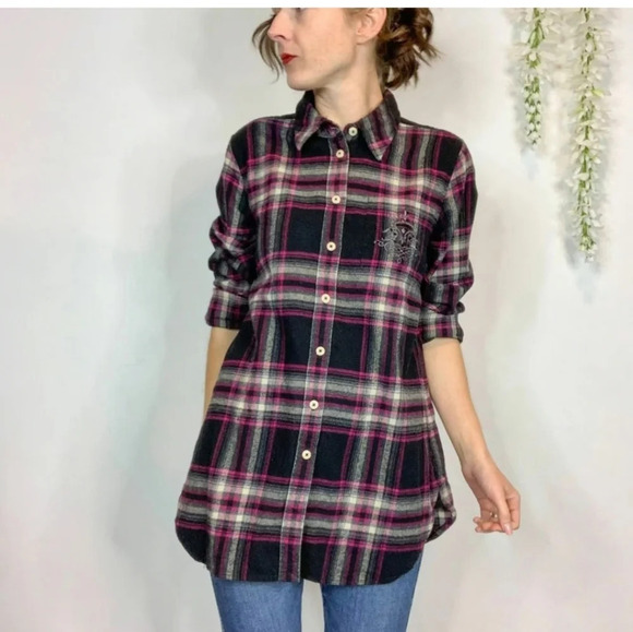 Soft Surroundings pink  and black plaid button down flannel shirt SZ S - Picture 2 of 10